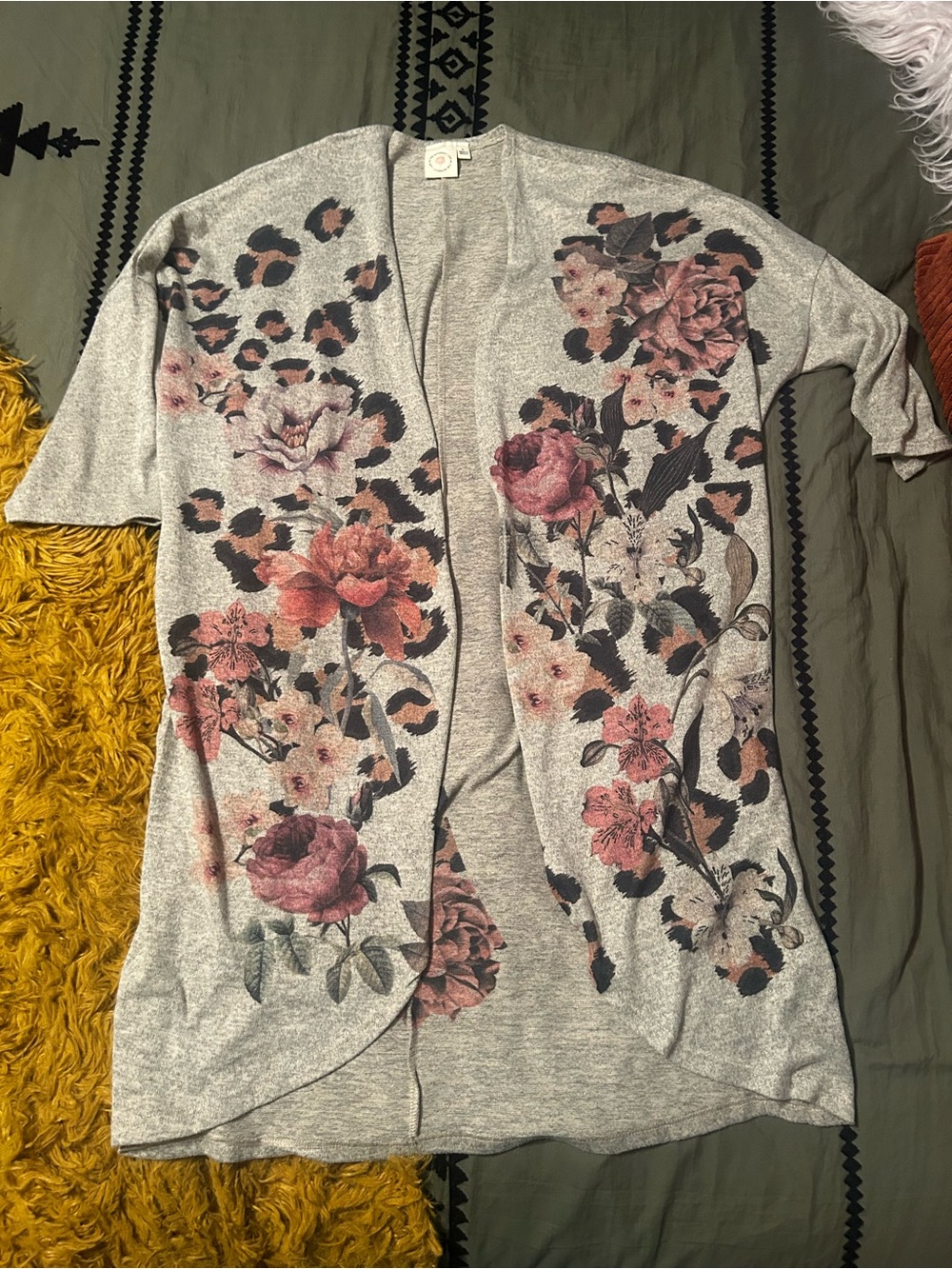 Floral Open-Front Gray Cardigan with Pink Rose Print